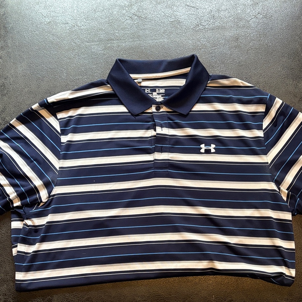 Under Armour Men's Polo Shirt - Navy, White, and Tan Stripes